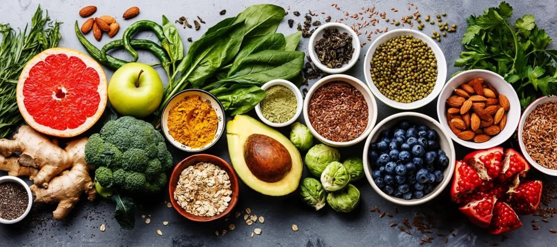 Fresh fruits, vegetables and healthy fats